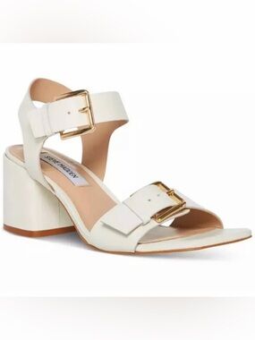 Steve Madden White‎ Block Heel Sandals with Gold Buckles - Ankle Strap